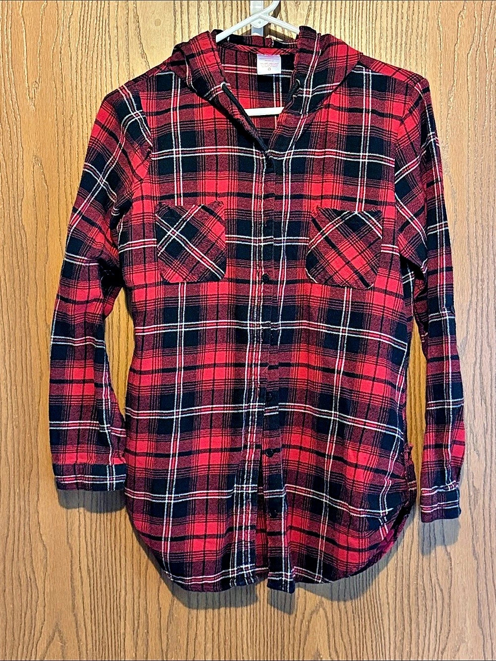 No Boundaries Hooded Flannel Shirt Girls Large Red & Black Plaid